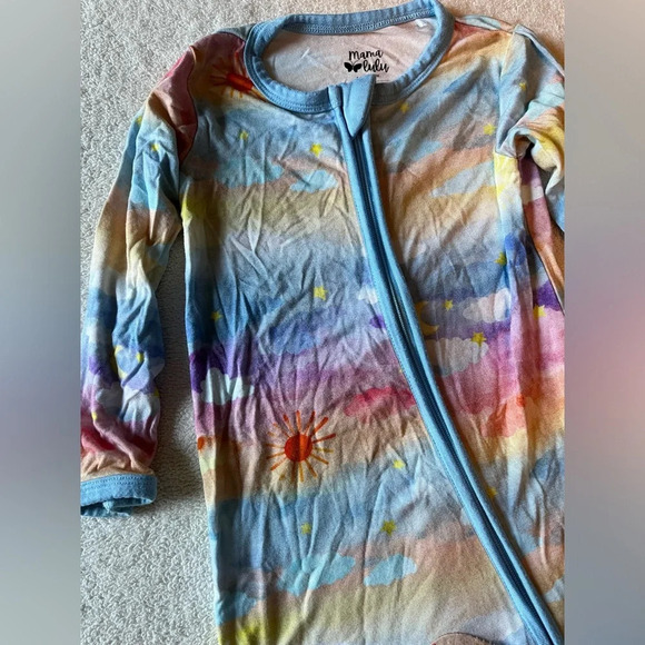 Mama Lulu 6-12 month pajamas. Sunset/rainbow design. Bamboo/viscose blend. - Picture 2 of 6